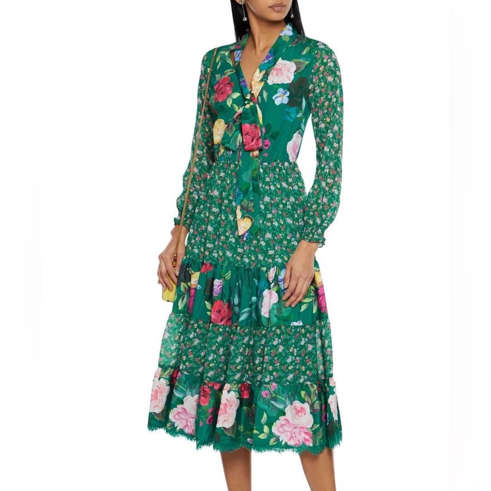 MARCHESA NOTTE Tie-neck paneled floral-print chiffon and crepe de chine dress
